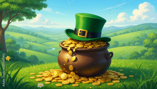  St. Patrick's Day scene with gold coins spilling from a pot under a green hat Generated illustration 