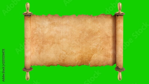 Antique parchment scroll with torn edges isolated with green chroma key