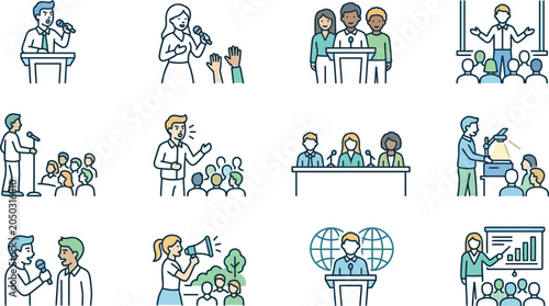 Public Speaking and Presentation Icons Set: Diverse Speakers, Audience, and Stages