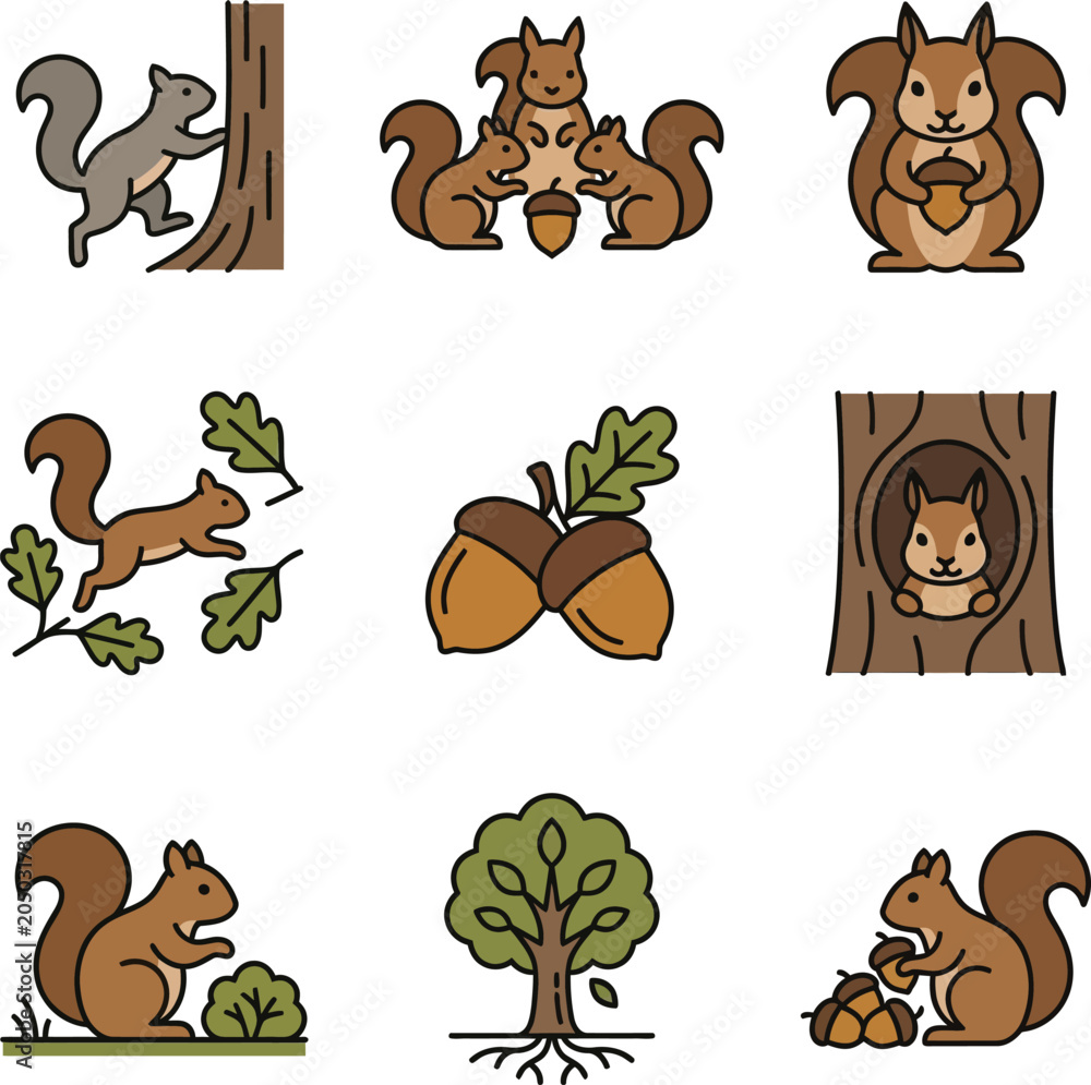 Fototapeta premium Cute Squirrel Icons: Climbing, Eating, Family, Forest Life & Autumn Elements