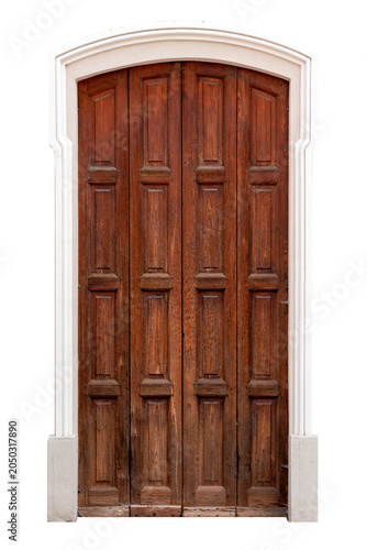 Classic solid wood door with four symmetrical vertical folding panels, set within a decorative frame with a low arch. Cutout on white., clipping path included, 