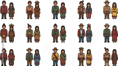 Fotografia Native American Couple Icons: Traditional Attire, Indigenous People, Pixel Art
