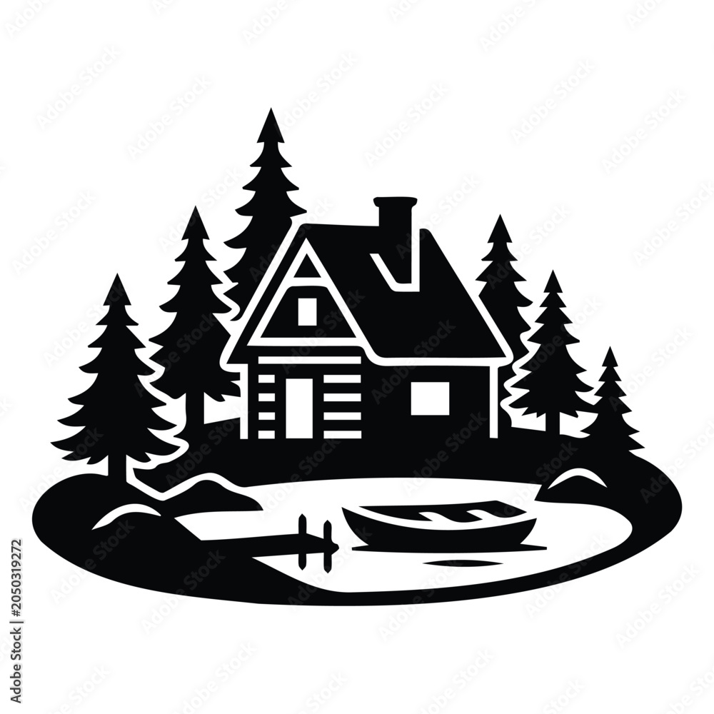 Obraz premium Cozy log cabin house in coniferous forest near lake with boat dock vector illustration.