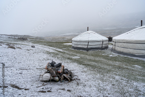 Traditional Camel Pack Saddle and Nomadic Gear Left in Snow Outside Yurts in Mongolian Altai Highland Camp