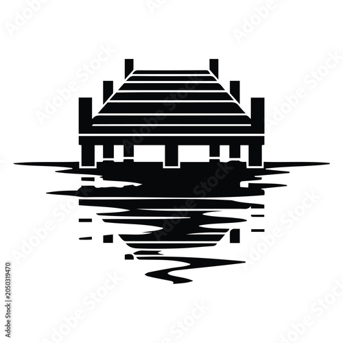 Wooden dock on lake water surface silhouette illustration for pier landscape design vector.