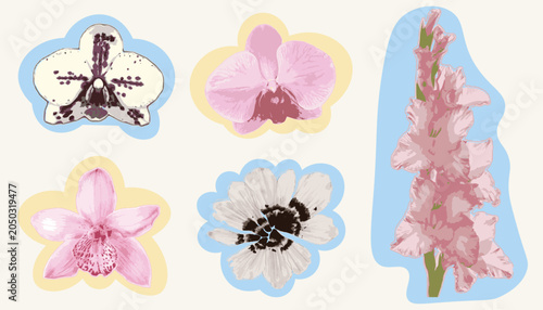 Vector floral textured prints, minimalist Japanese style flowers for pattern, tattoo, or background design	