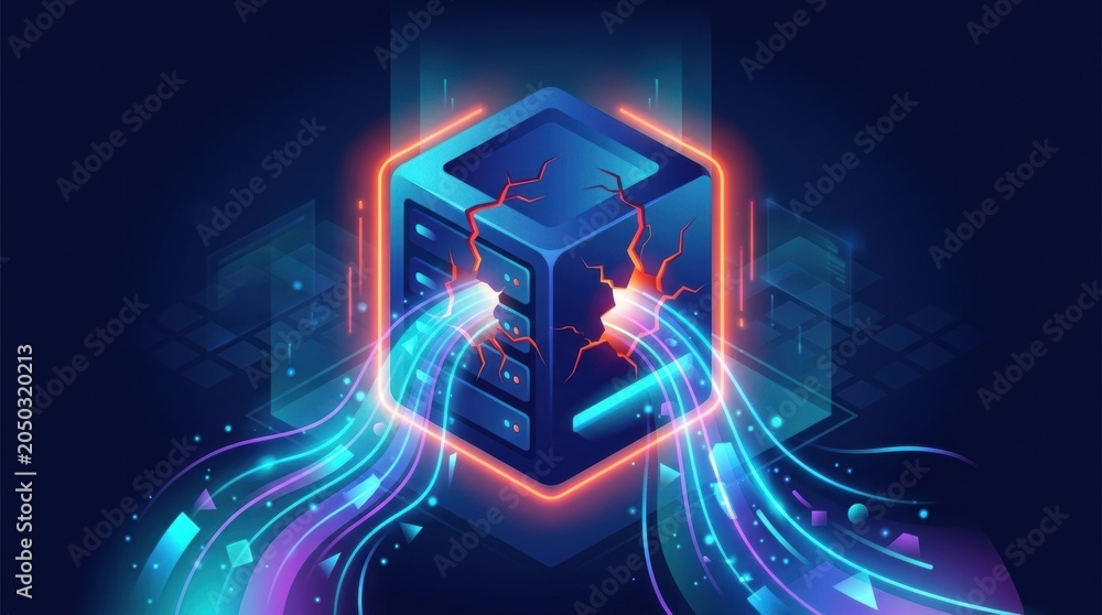 Fototapeta premium Illustration depicts a digital breach where data leaks from a server, highlighting vulnerabilities in cybersecurity systems and awareness training