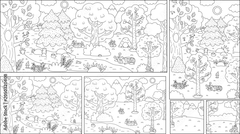 Obraz premium Cartoon black and white forest backgrounds set. Empty line nature woodland landscapes collection with trees, plants, stream, bushes. Wild thicket horizontal, vertical, square scenes, coloring pages