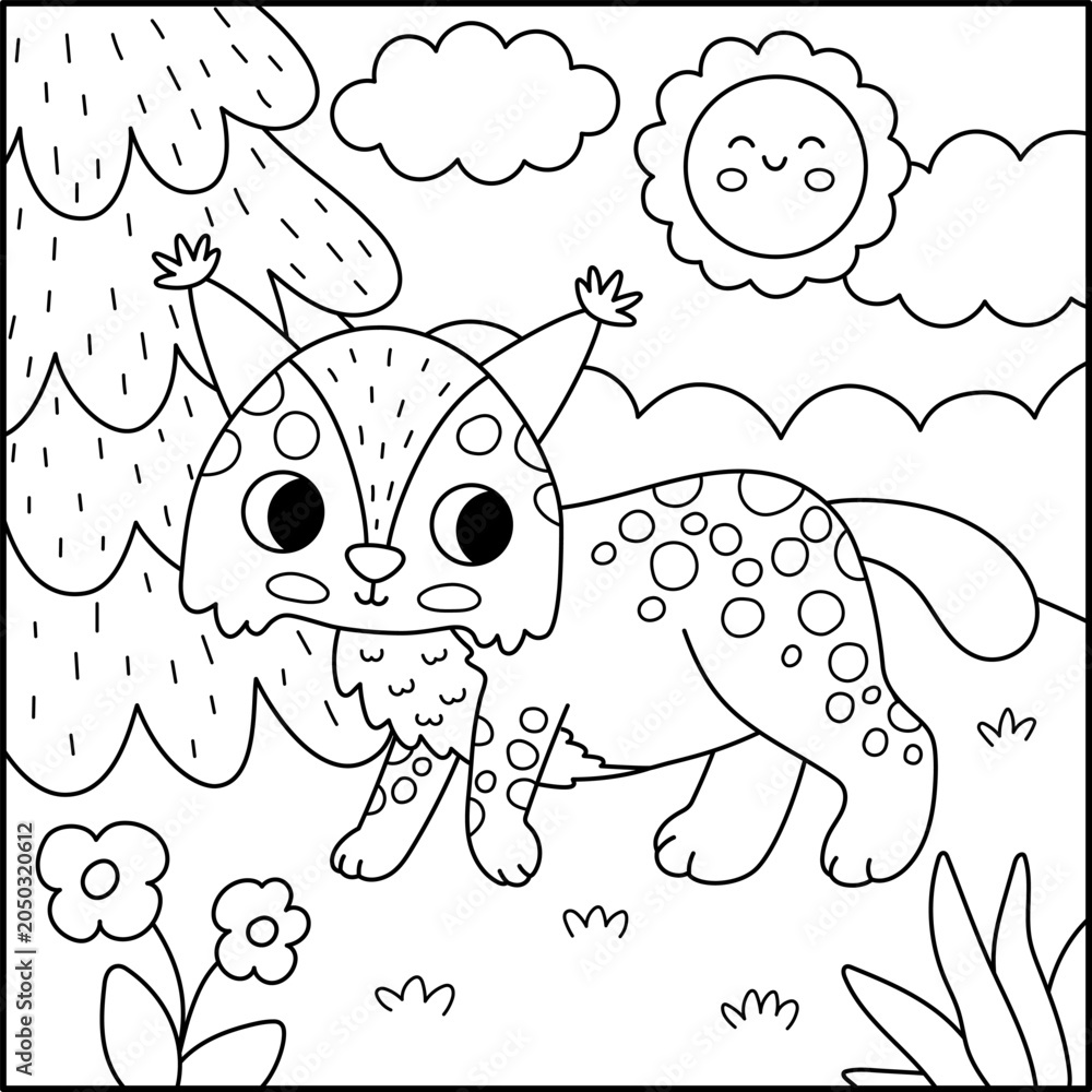 Fototapeta premium Square black and white cartoon scene with lynx, fir tree, smiling sun. Forest line background with cute cartoon animal. Nature woodland story book landscape, coloring page with wild cat for kids