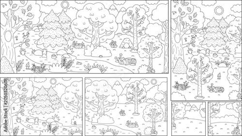 Cartoon black and white forest backgrounds set. Empty line nature woodland landscapes collection with trees, plants, stream, bushes. Wild thicket horizontal, vertical, square scenes, coloring pages
