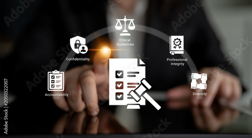 Konstfotografi Explore a visual representation of professional ethics featuring icons related to confidentiality, accountability, diversity, and integrity within a business setting
