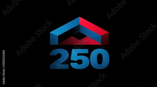 Modern geometric logo design featuring a 250 years anniversary symbol with a patriotic color scheme of red, white, and blue, set against a black background