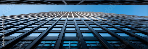 Modern skyscraper facade rising into a clear blue sky with symmetrical glass windows and steel architecture in a contemporary urban business district during daylight
