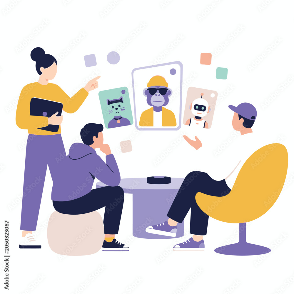 Fototapeta premium Business team collaborating at office with digital screens illustration.