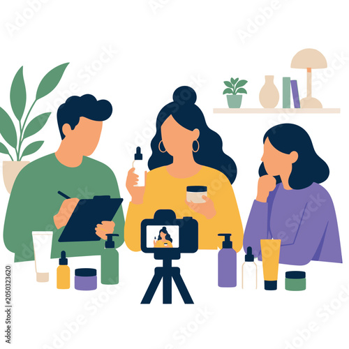 Beauty studio team making cosmetics product photos illustration.