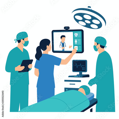 Doctors and nurses using telemedicine devices for remote care.