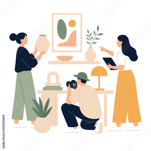 Cozy home interior illustration with people decorating and caring for plants.