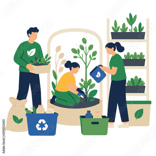 Eco friendly gardening with recycling and potted plants.