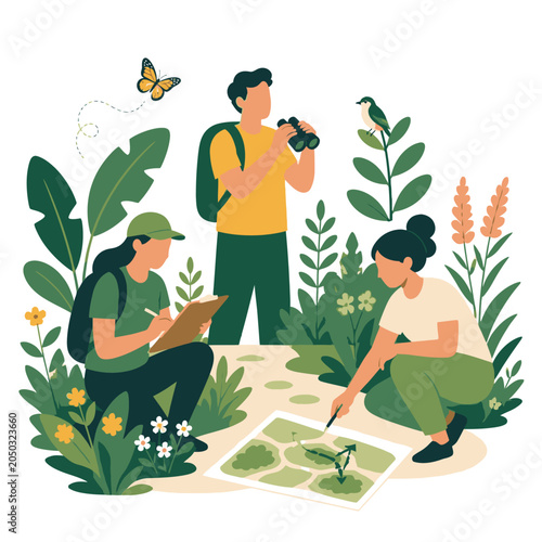 Family gardening activity with kids planting seeds and watering plants illustration.