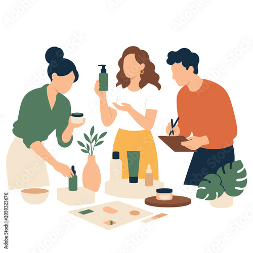 Illustrated friends making herbal essential oils at home.