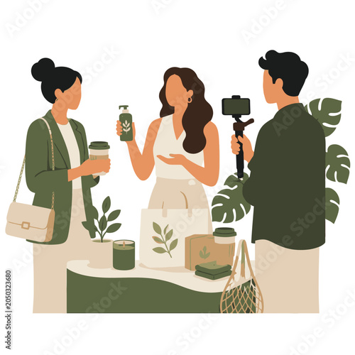 Illustrated friends sharing herbal drinks with potted plants on table.