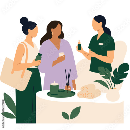 Illustrated group conversation at table with plant.