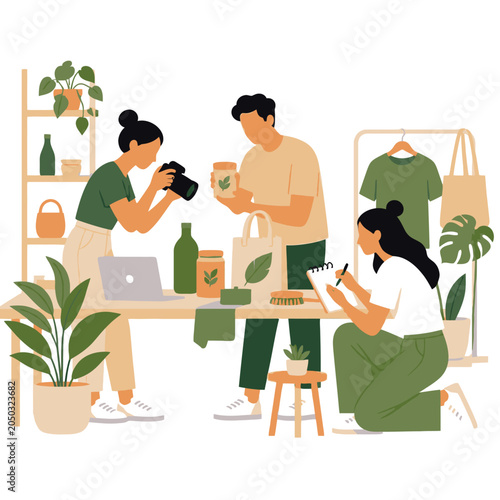Illustrated people caring for indoor houseplants with watering can.