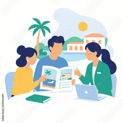 Medical consultation illustration of doctor guiding patients with laptop.