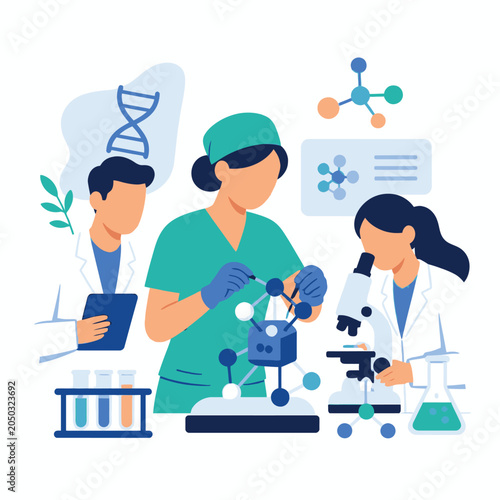 Medical research laboratory team studying molecules and genetics.