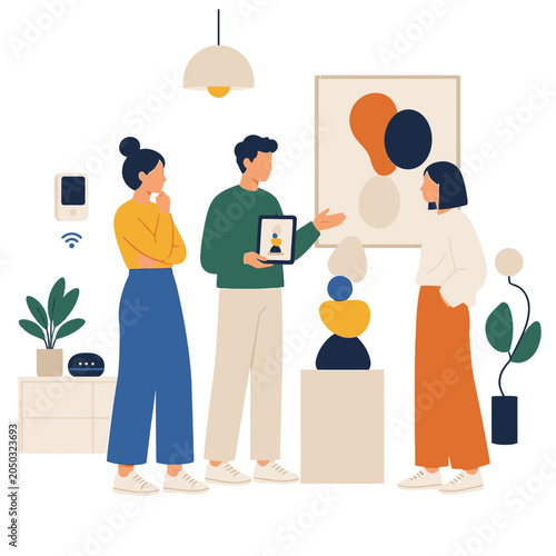 Modern family illustration standing together in cozy interior.