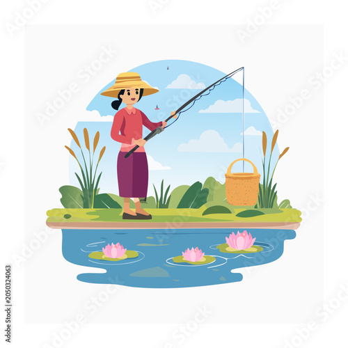 Woman fishing with a rod and bucket in a pond with water lilies