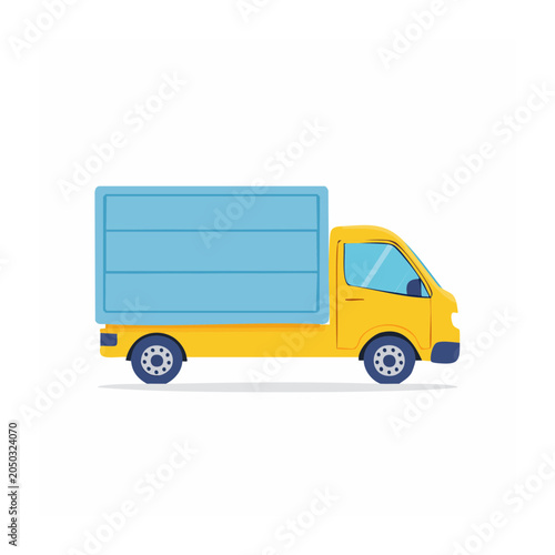 Yellow delivery truck with blue cargo box, flat design