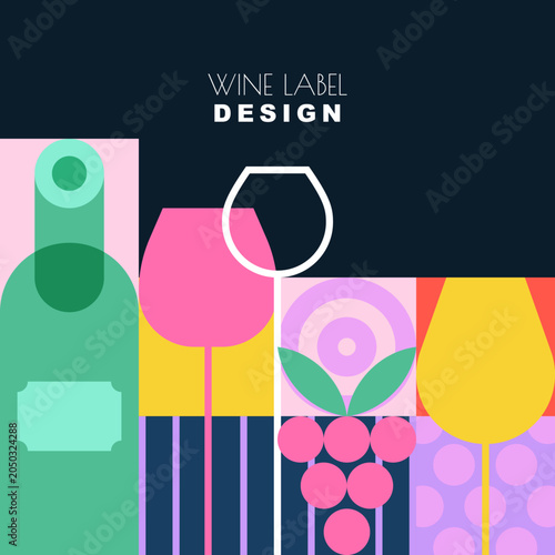 Wine label vector design. Wine bottle glasses, grapes illustration for winery, alcohol drink menu background, bar banner