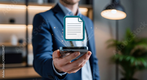Paperless contract workflow shows a floating document icon on smartphone for electronic signature, file upload, invoice processing, legal form storage and secure office archive review