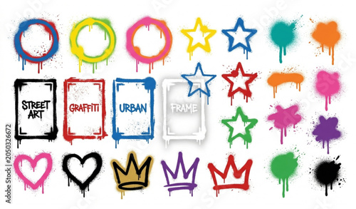 Obraz na plátně Urban Graffiti Spray Frame Collection with Stencil Borders and Paint Shapes