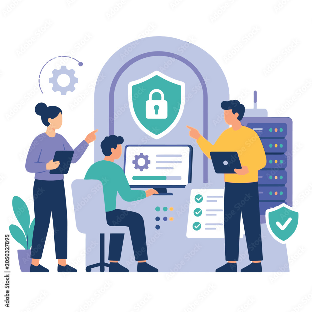 Naklejka premium Cybersecurity protection illustration with people and digital shield.