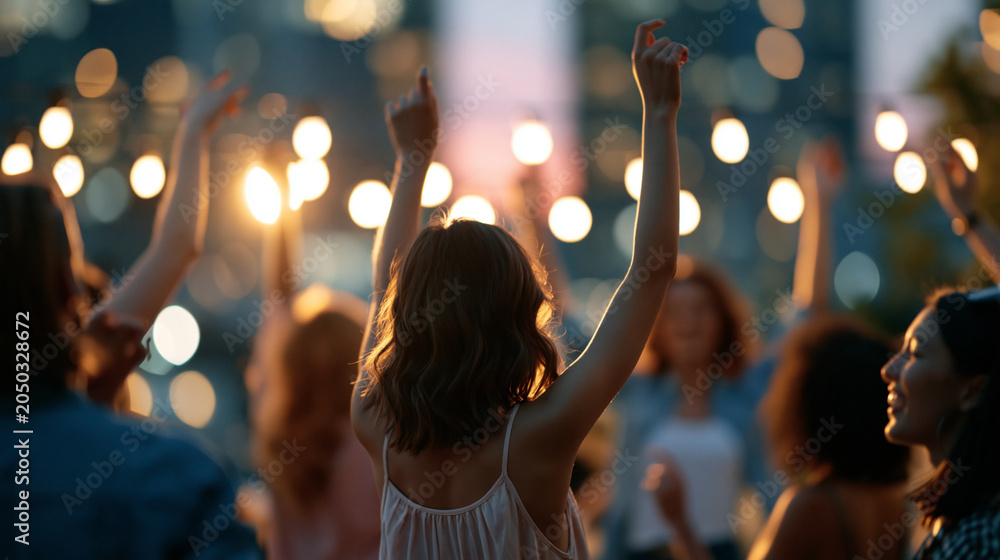 Fototapeta premium Faceless group of friends dancing together at rooftop party with city lights backdrop, nighttime dancing, urban setting, movement activity, city ambiance, with copy space
