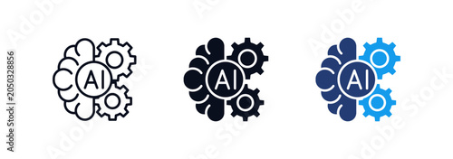 Εκτύπωση καμβά AI Brain Gear Technology Icons Set in outline, solid navy, and two-tone blue styles