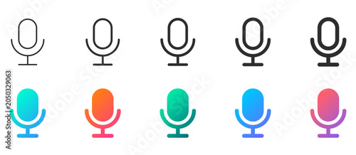 Microphone Audio Icon set. microphone icons in thin outline, bold outline, solid black, and colorful gradient styles. Ideal for audio, voice recording, podcast, broadcast, and communication concepts.