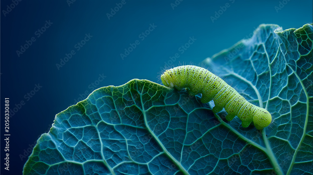 Fototapeta premium Caterpillar Larva on Green Kale Leaf Surface Macro