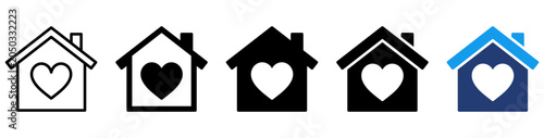 Φωτογραφία Set of house with heart icons \ home care icon in outline, filled, solid, bold, and two-tone styles