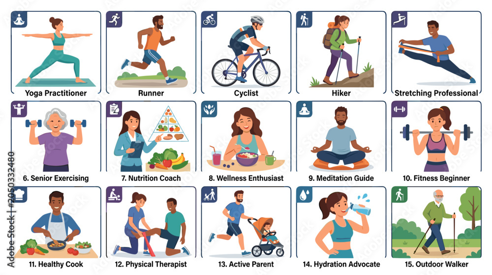 Fototapeta premium A collection of diverse people engaging in various healthy lifestyle activities, including yoga, running, cycling, hiking, and cooking. 2D Vector Illustration