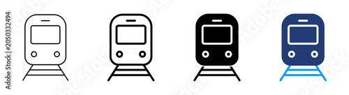 Εκτύπωση καμβά Train and Railway Transport Icons Set \ train icons in thin outline, solid, and two-tone blue styles