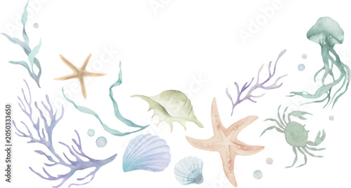 Watercolor marine life arch composition, ocean reef border vignette with jellyfish, crab, seashells, starfish and coral summer clipart design. Vector EPS.