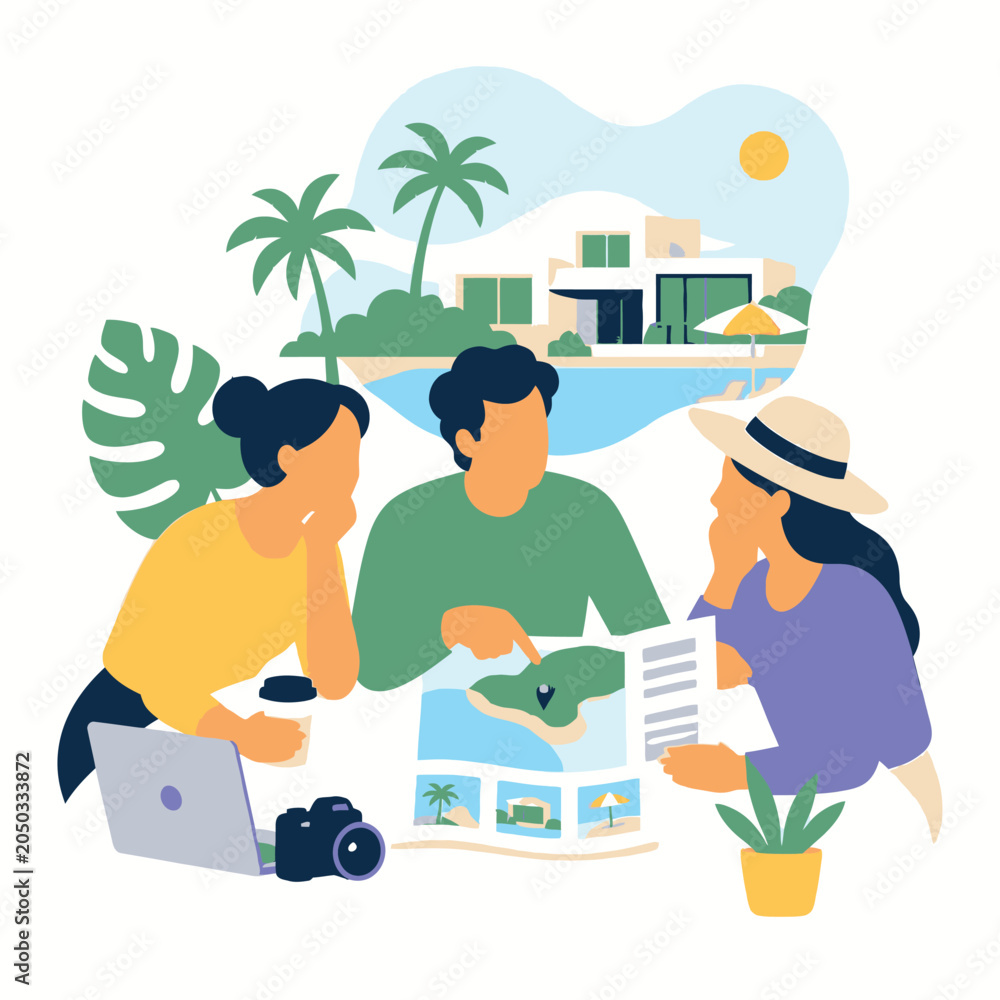 Obraz premium Family planning a tropical vacation together on laptop.