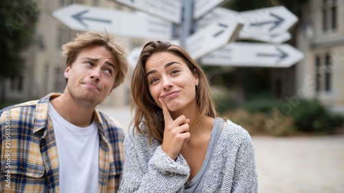 This depicts a young couple facing life choices and decision making, standing thoughtfully in front of a signpost with multiple arrows pointing in different directions.