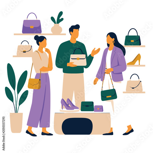 Illustrated fashion boutique shopping scene with customers and cashier.