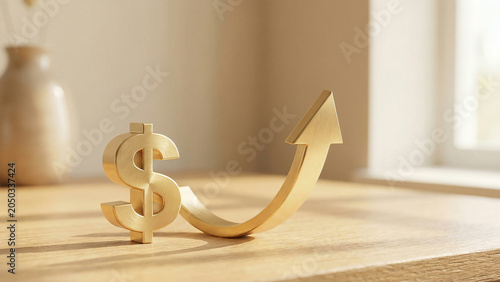 Sunlit Golden Dollar Sign With Rising Arrow Climbing Toward Financial Growth and Profit Success Perfect for Banking Investment Advertising and Corporate Finance Presentations