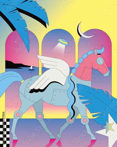 Winged Horse Walking Through a Dreamlike Coastal Landscape, Colorful Fantasy Scene with UFO and Sea
