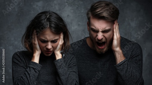 Relationship conflict and stress, with a man yelling aggressively while a woman covers her ears in distress.